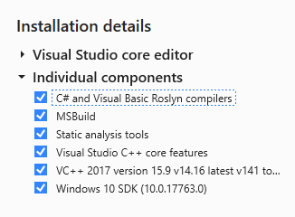 Visual Studio 2017 Installation details